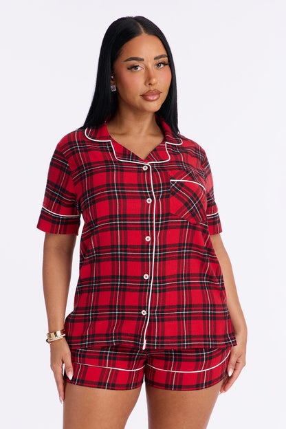 So Chill Flannel Short Sleeve PJ Short Set - Red