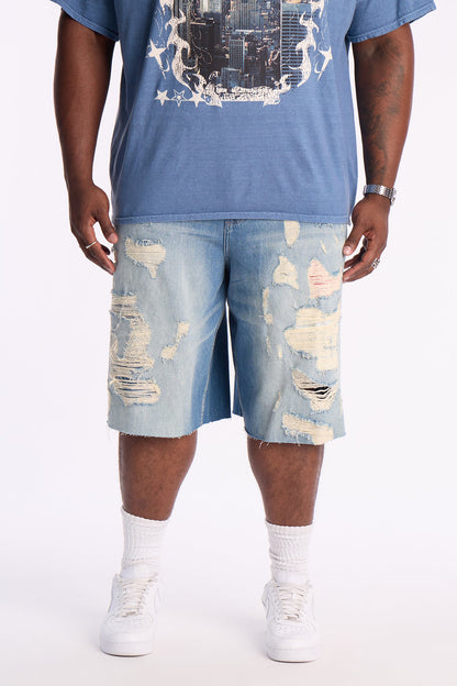 Baggy Repaired But Destroyed Denim Short - Medium Blue Wash