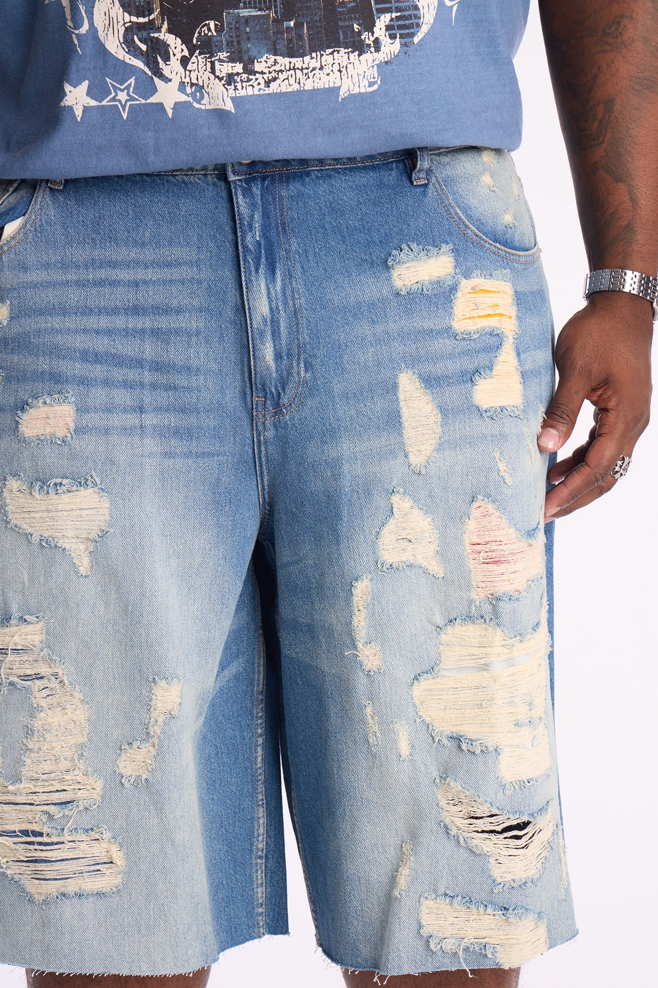Baggy Repaired But Destroyed Denim Short - Medium Blue Wash
