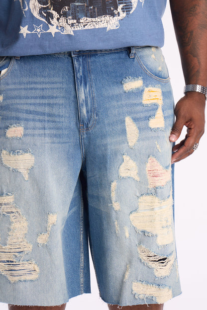 Baggy Repaired But Destroyed Denim Short - Medium Blue Wash