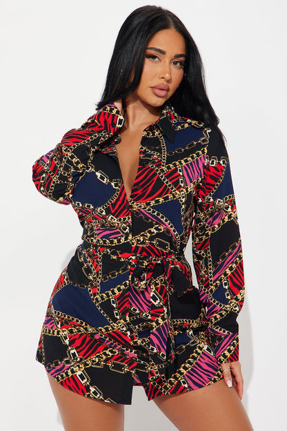 Goal Getter Belted Mini Shirt Dress - Black/combo