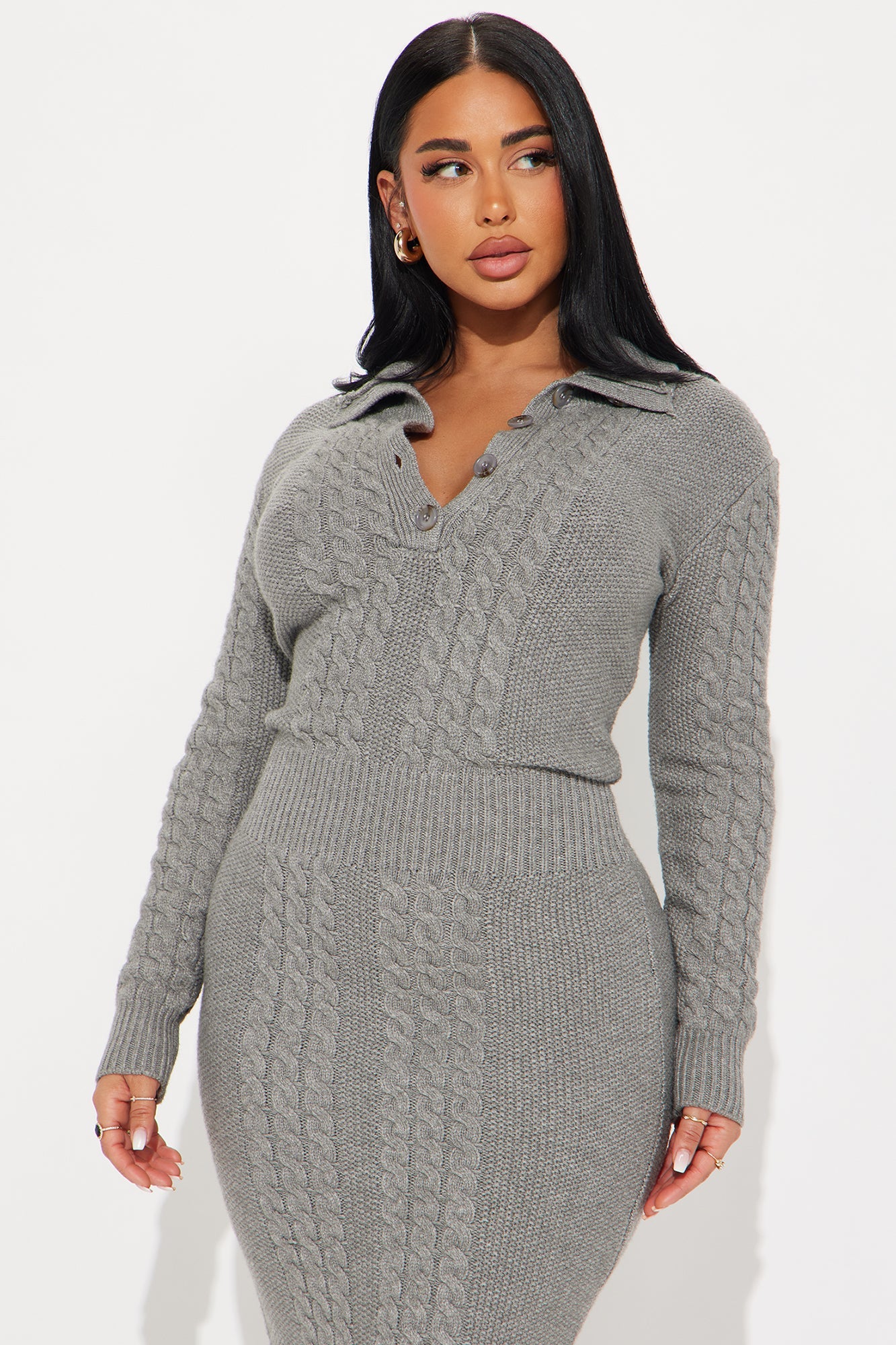 Sitting Pretty Cable Knit Midi Dress - Grey