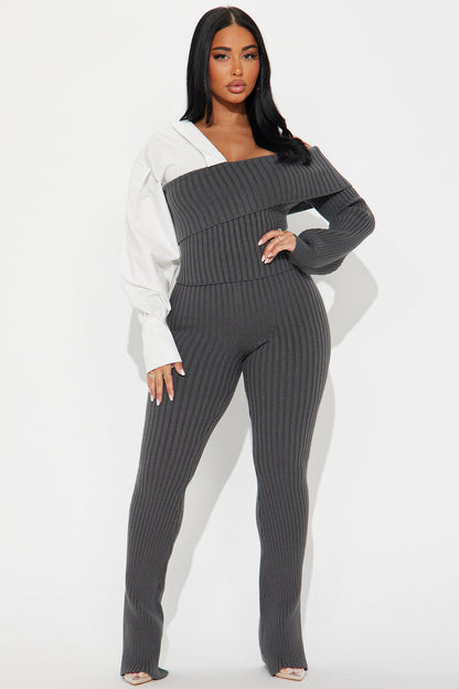 French Breeze Sweater Pant Set - Charcoal/combo