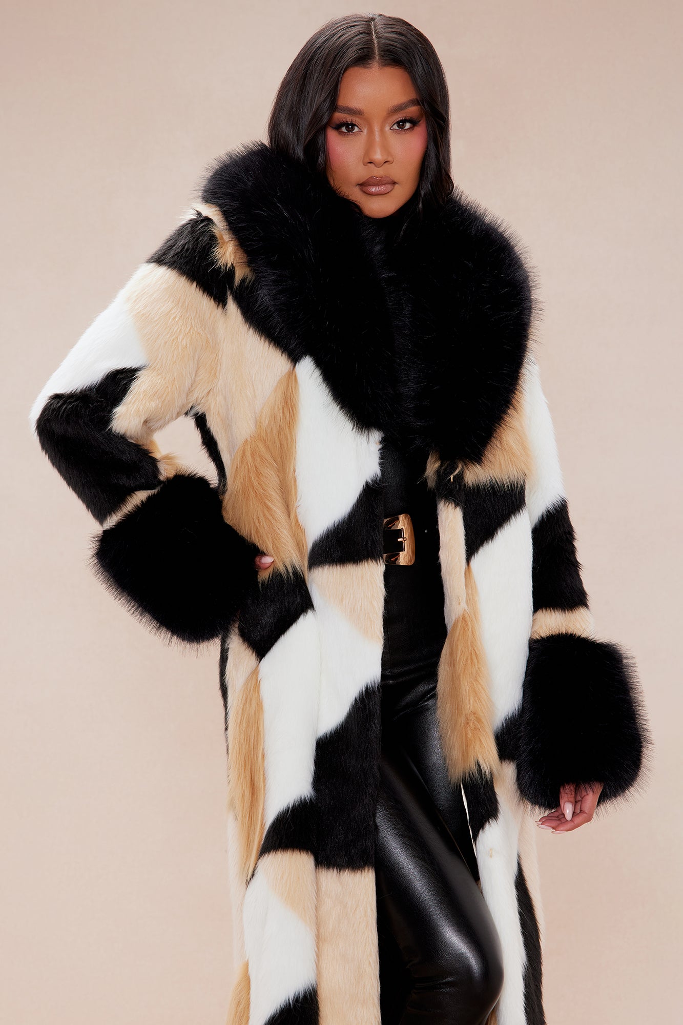 Penthouse Faux Fur Coat - Brown/combo