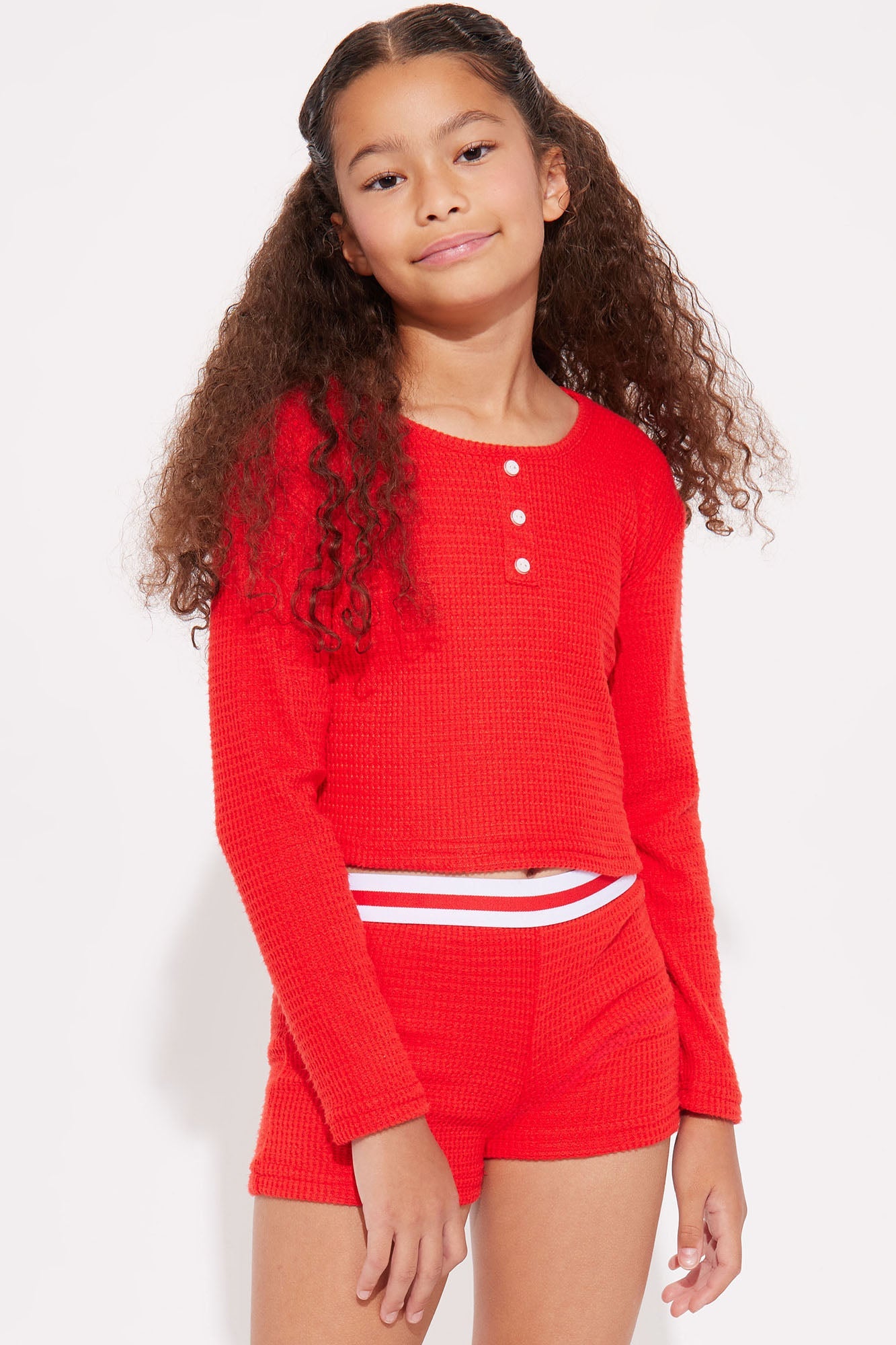 Mini Staying Cozy Waffle Short Set - Red