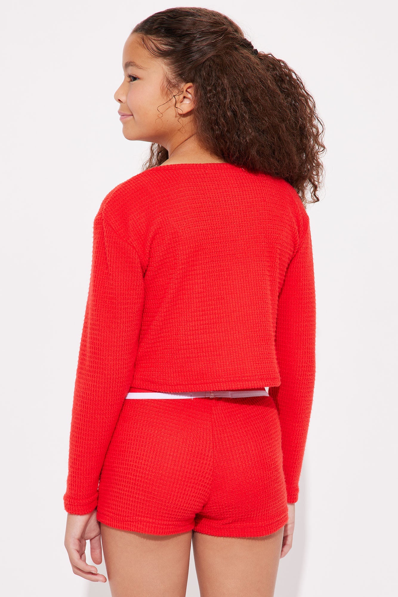 Mini Staying Cozy Waffle Short Set - Red