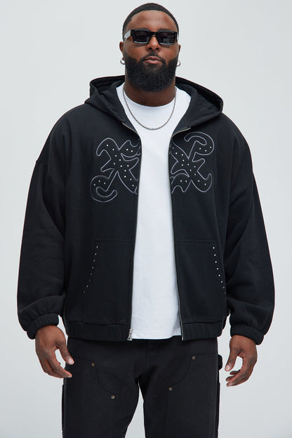 Tyson Rhinestone Oversized Zip Up Hoodie - Black