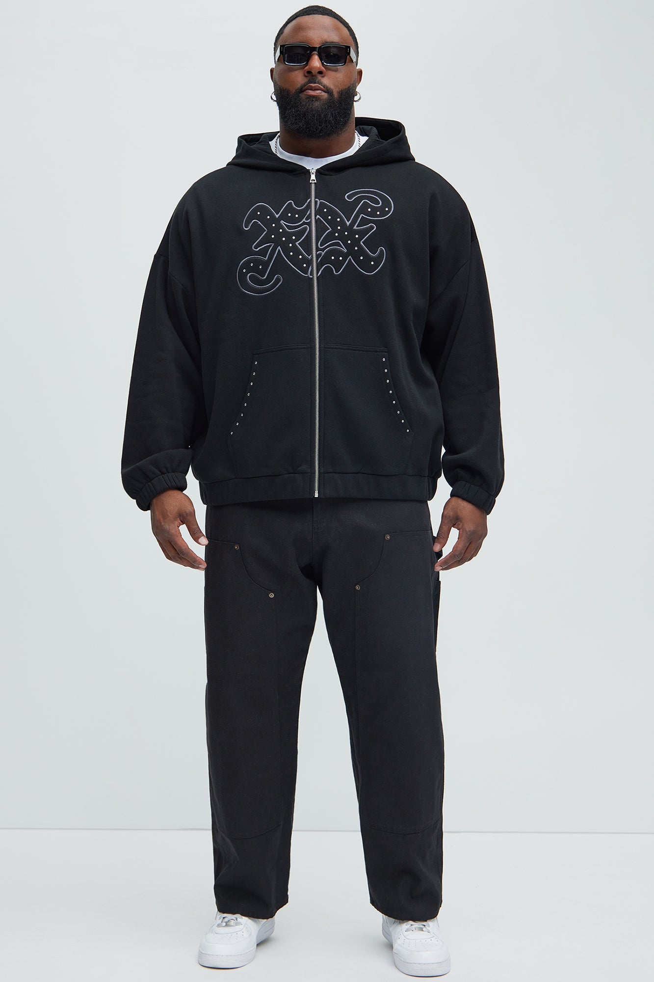 Tyson Rhinestone Oversized Zip Up Hoodie - Black
