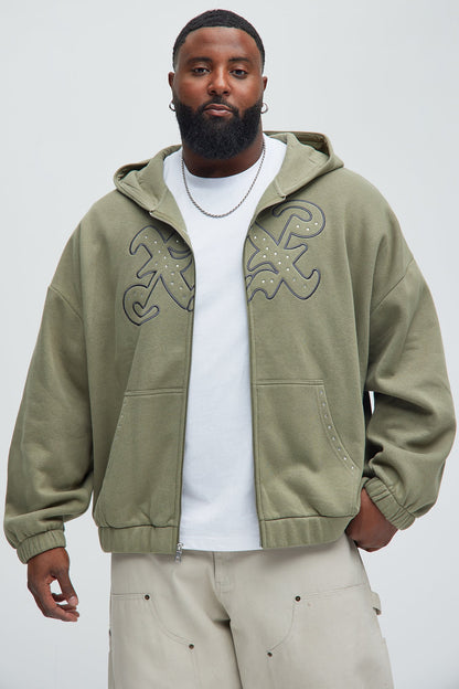Tyson Rhinestone Oversized Zip Up Hoodie - Olive
