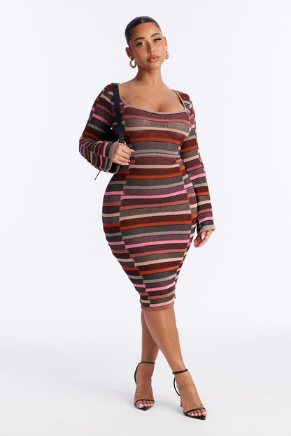 Fall For Me Striped Sweater Midi Dress - Rust/combo