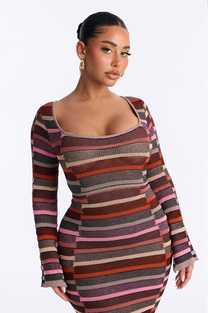 Fall For Me Striped Sweater Midi Dress - Rust/combo