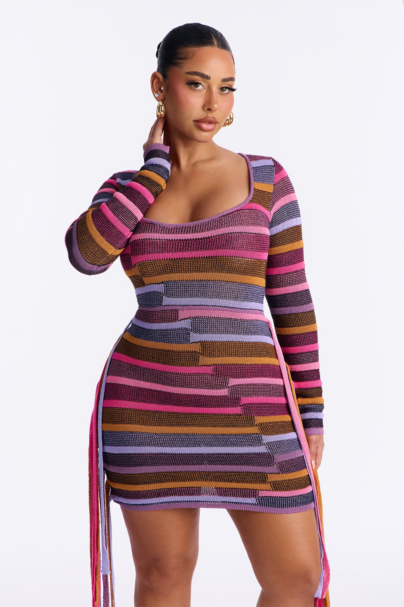 Girlie Pop Fringe Sweater Mini Dress - Pink/combo