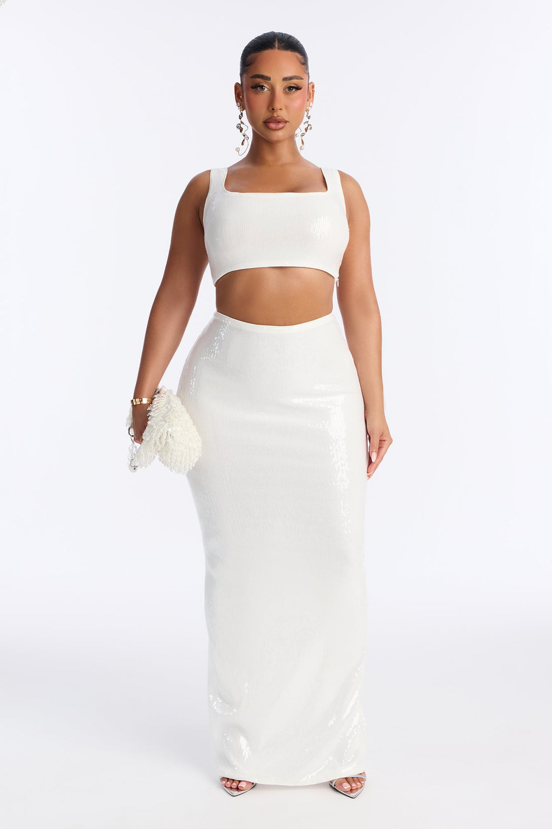 Velina Sequin Column Maxi Skirt - White