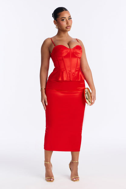 Deepest Desire Satin Peplum Corset Maxi Skirt Set - Red