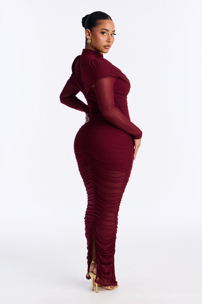 Tongue Tied Ruched Maxi Dress - Burgundy