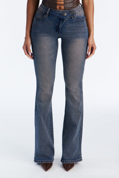 Walk The Walk Low Rise Flare Jeans - Dark Wash