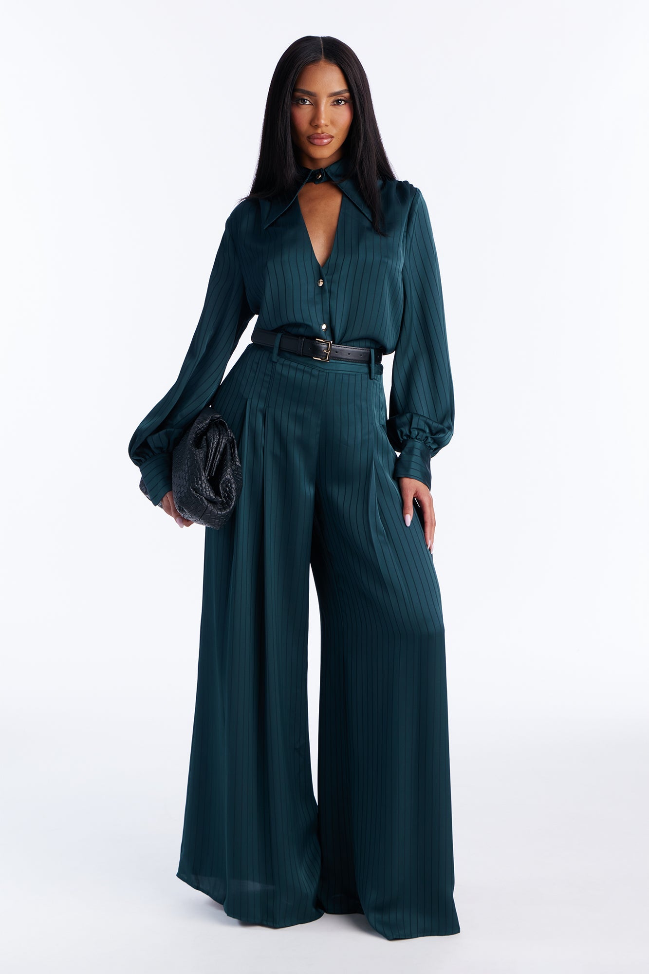 Emma Satin Pinstripe Pant Set - Hunter