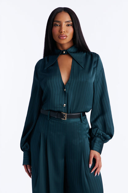 Emma Satin Pinstripe Pant Set - Hunter