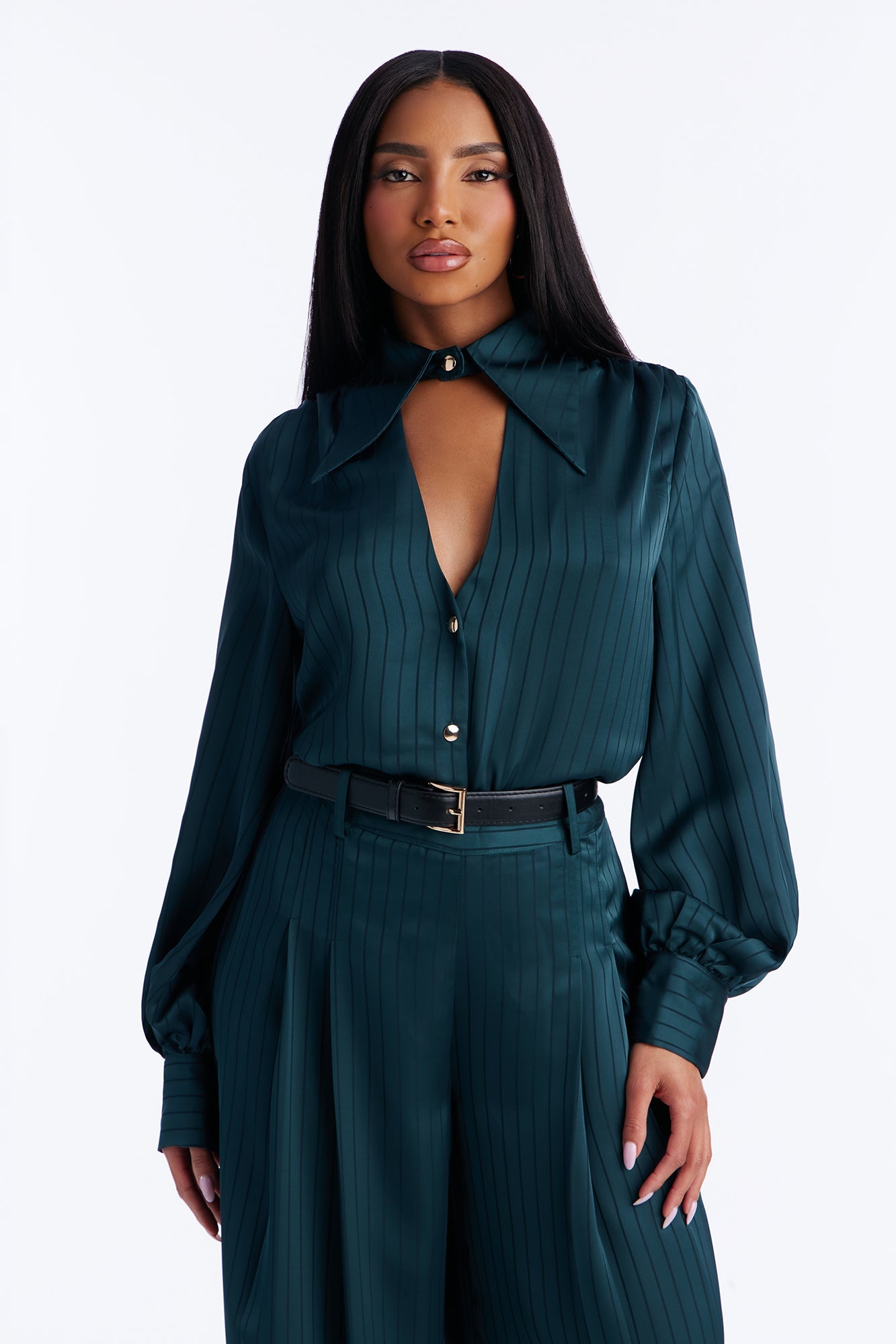 Emma Satin Pinstripe Pant Set - Hunter