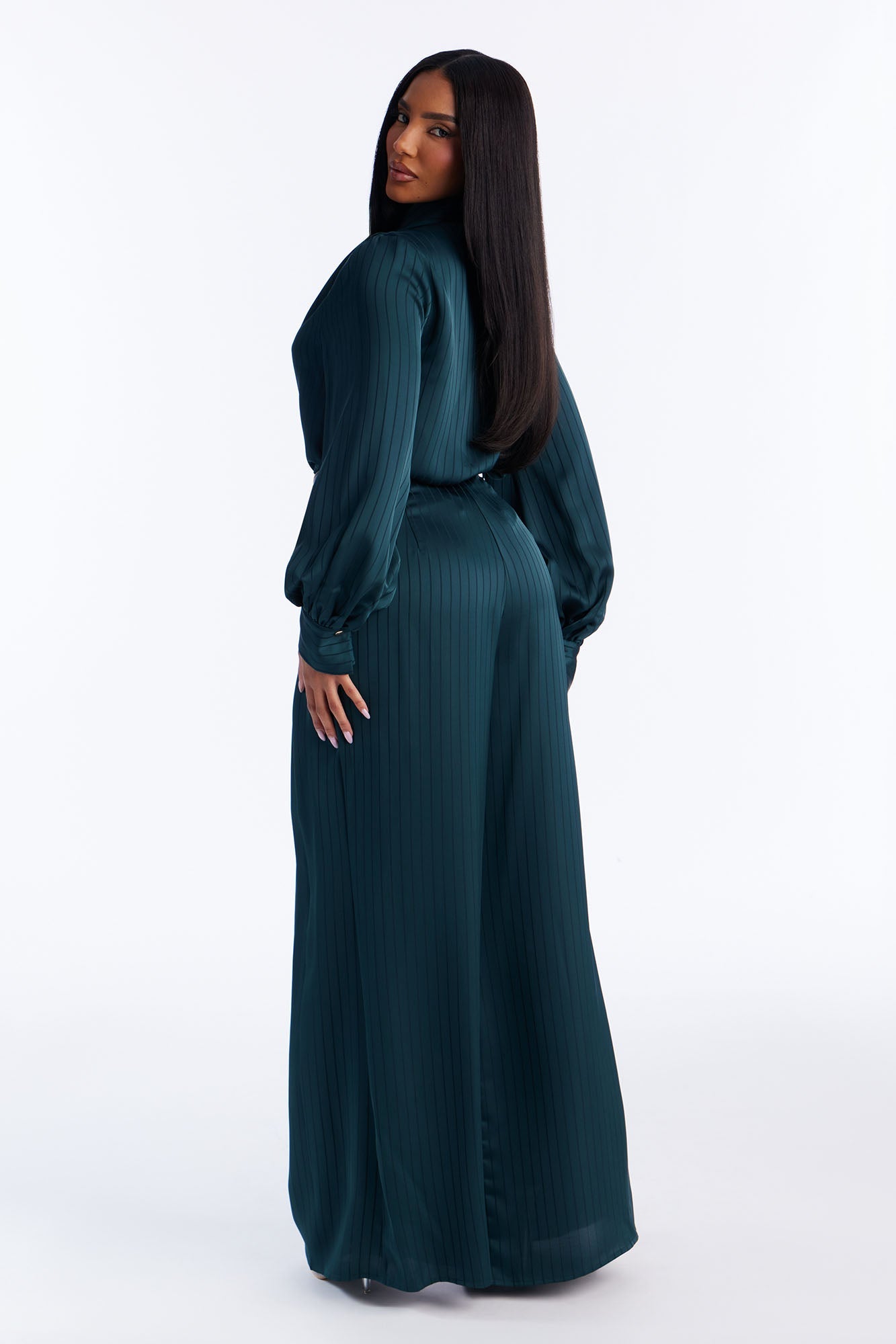 Emma Satin Pinstripe Pant Set - Hunter