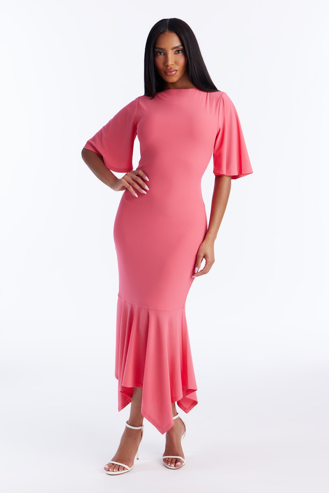 Audrina Asymmetrical Mermaid Midi Dress - Coral