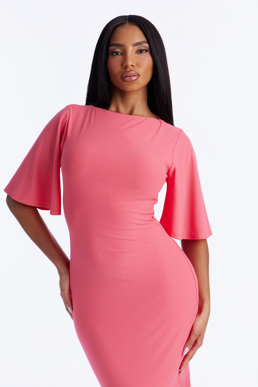 Audrina Asymmetrical Mermaid Midi Dress - Coral