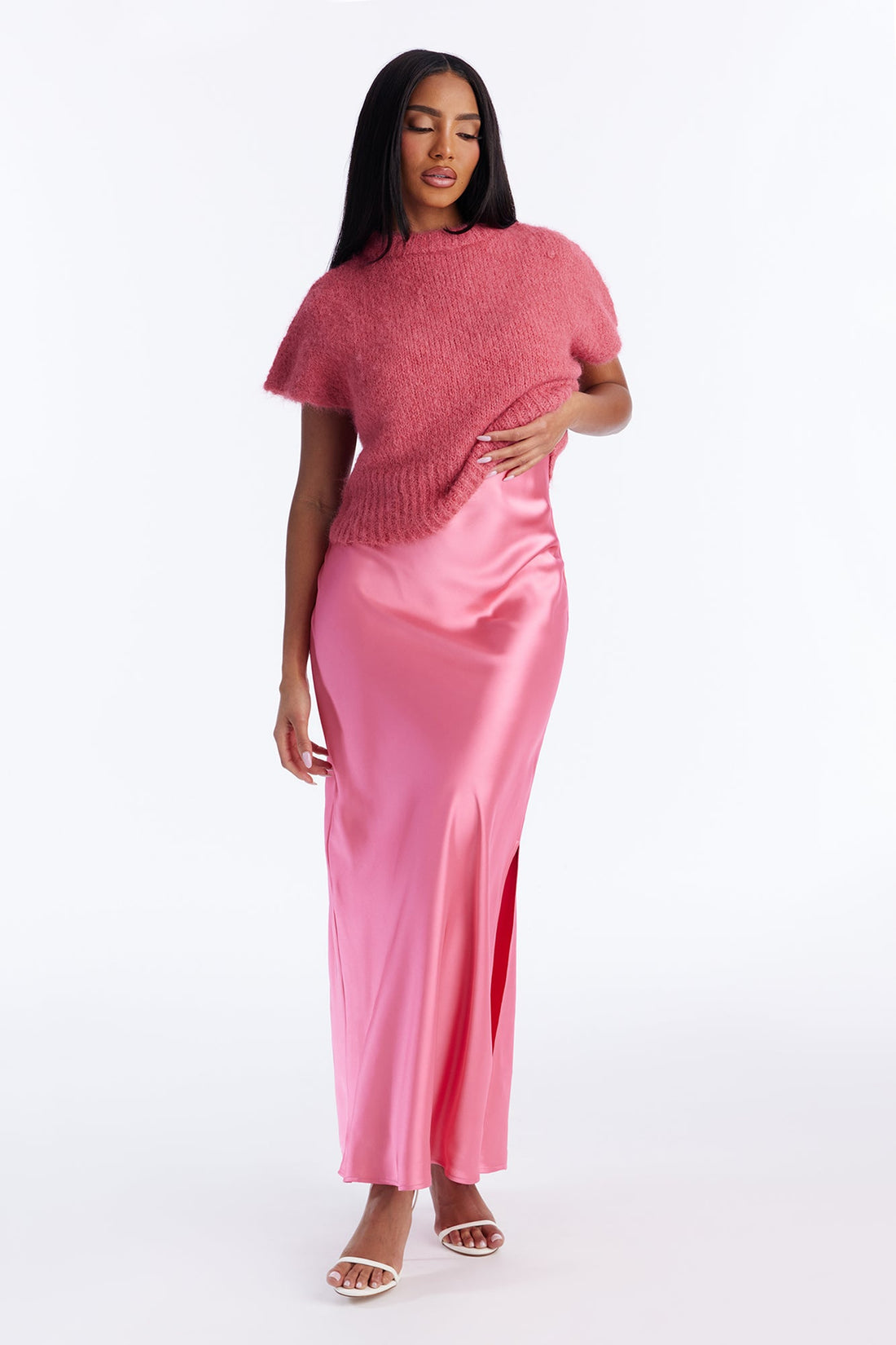 Found You Satin Sweater Maxi Dress Set - Pink