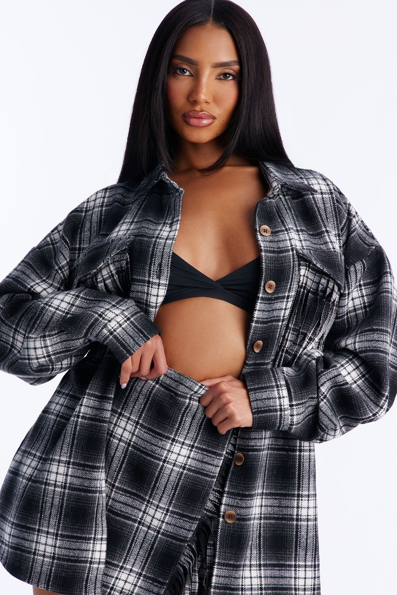 Checked Out Plaid Flannel Fringe Skort Set - Black/combo
