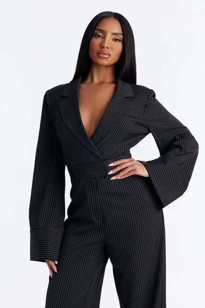 Kylie Blazer Pinstripe Wide Leg Jumpsuit - Black