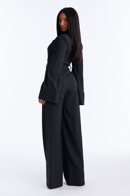 Kylie Blazer Pinstripe Wide Leg Jumpsuit - Black