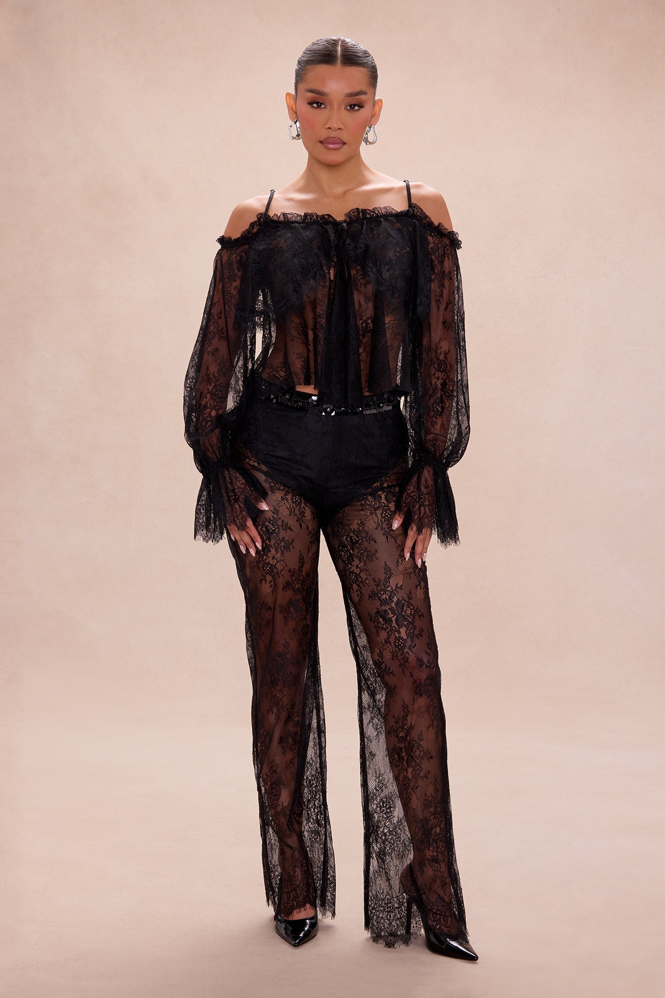 Delia Sheer Lace Pant Set - Black