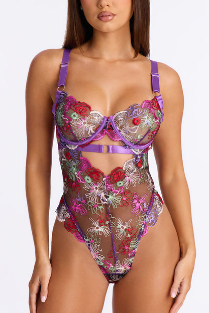 Yours Truly Embroidered Mesh Thong Teddy - Purple/combo
