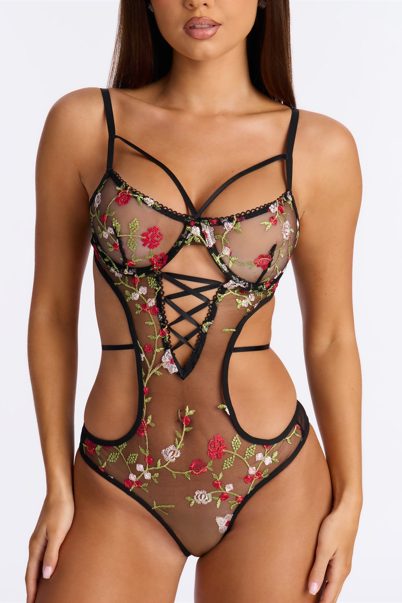 Just A Daydream Embroidered Mesh Lace Up Teddy - Black/Red