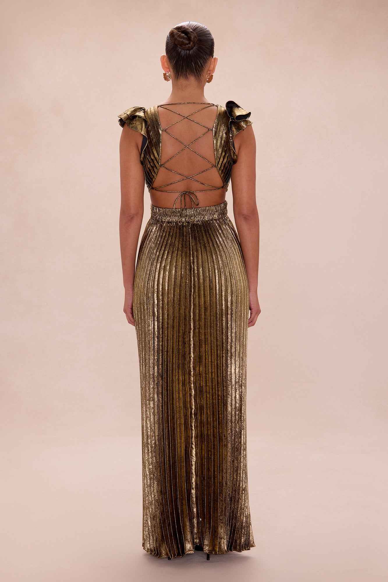 Theodora Ruffle Sleeve Metallic Maxi Dress - Gold