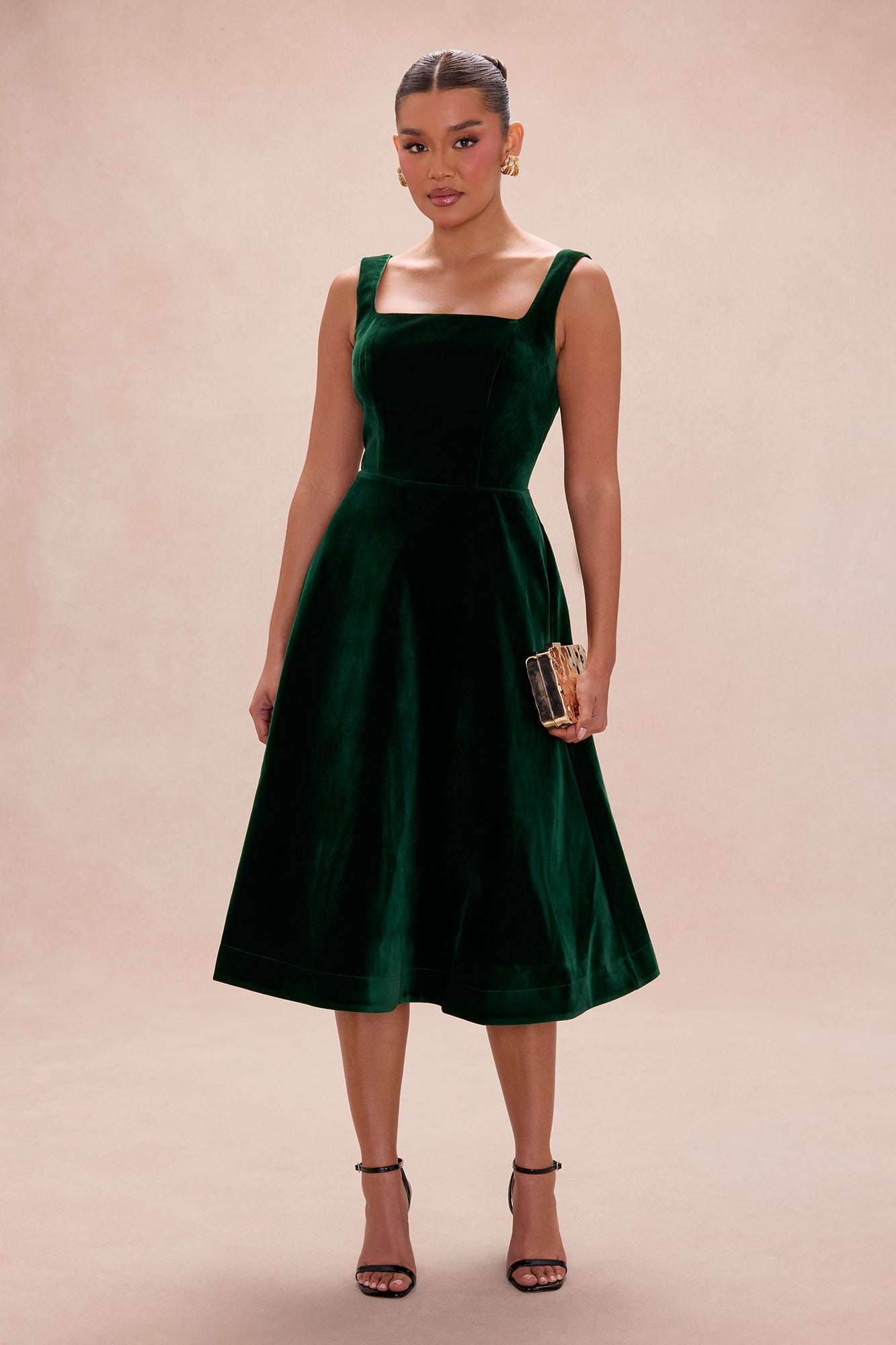 Camilla A Line Velvet Midi Dress - Emerald