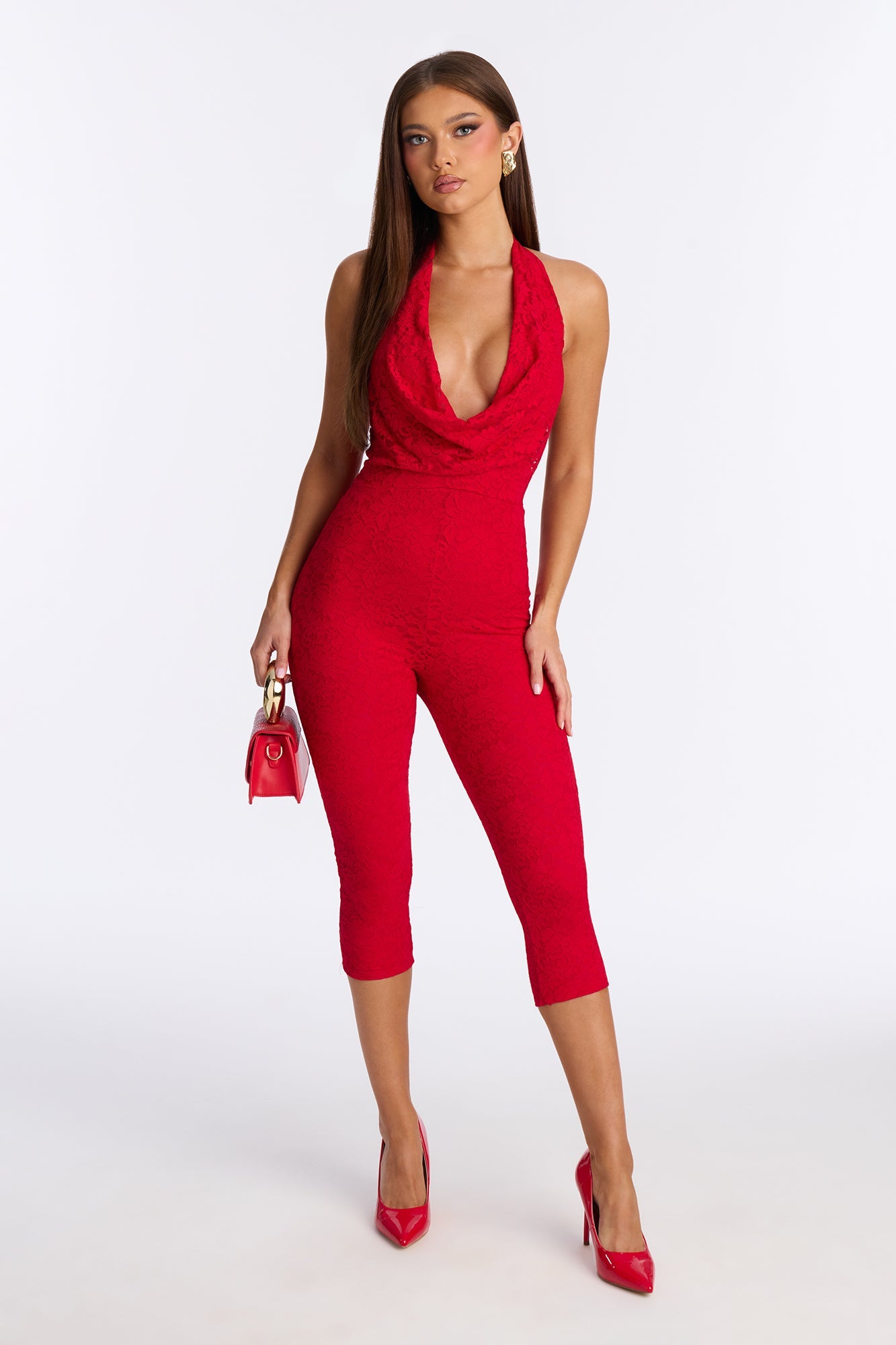 Lizzy Lace Halter Capri Leg Jumpsuit - Red