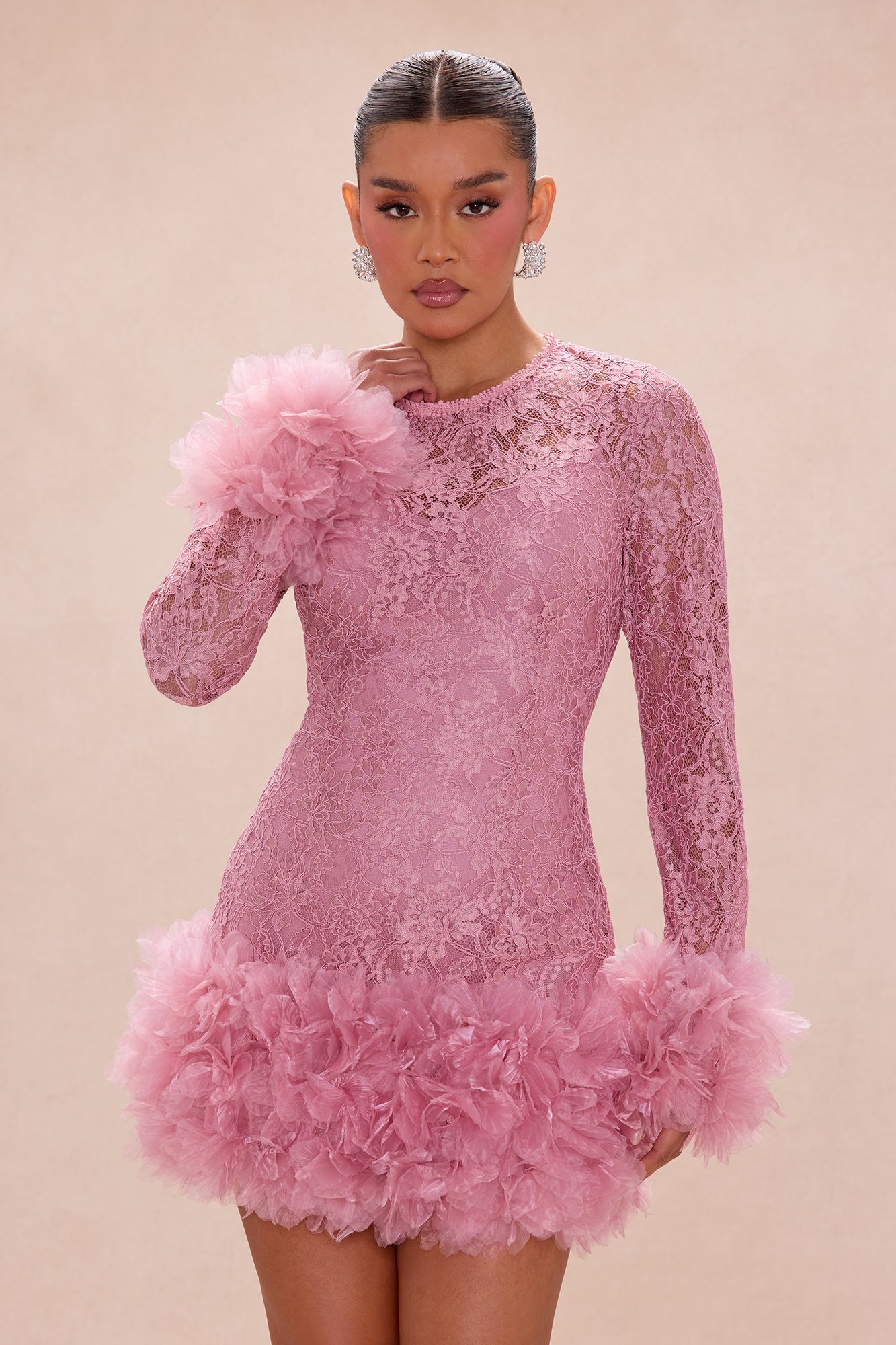 Janice 3D Applique Lace Mini Dress - Mauve