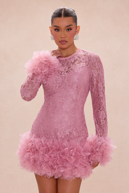 Janice 3D Applique Lace Mini Dress - Mauve