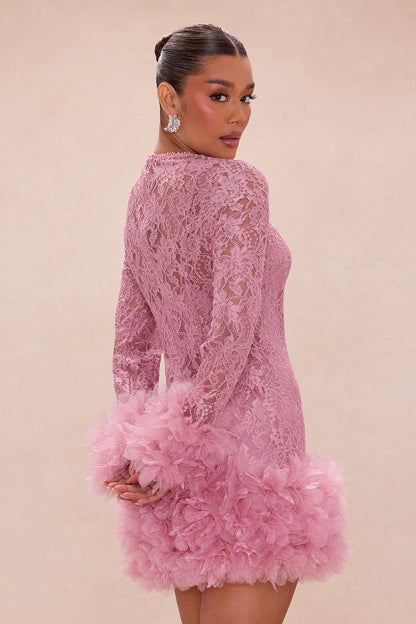 Janice 3D Applique Lace Mini Dress - Mauve