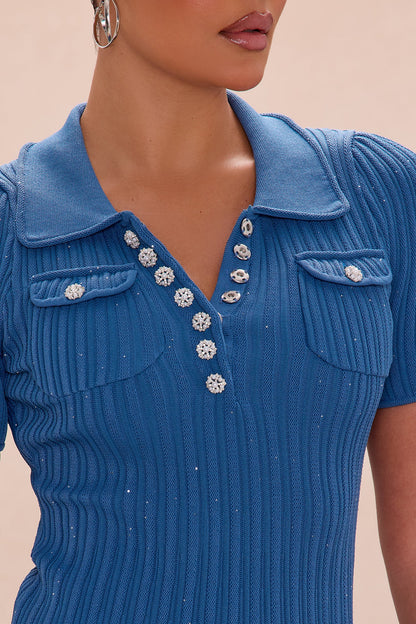Skye Embellished Button Up Mini Dress - Blue