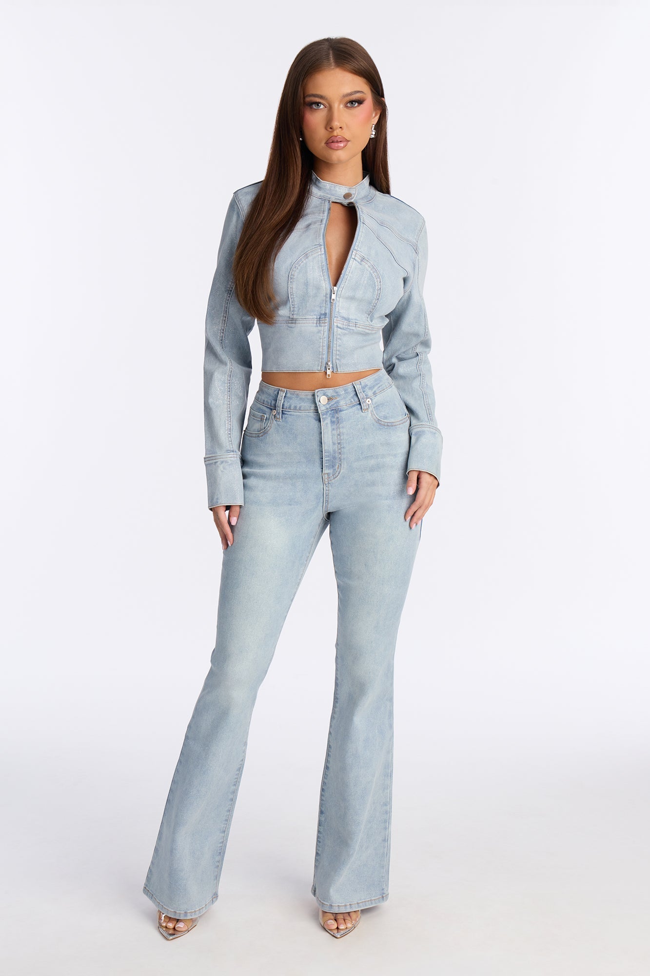 Gemma Glitter Foil Flare Jeans - Light Wash