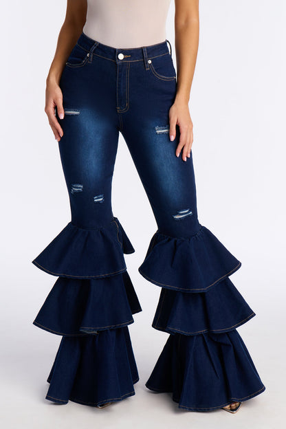 Spicy Steps Ruffle Flare Jeans - Dark Wash