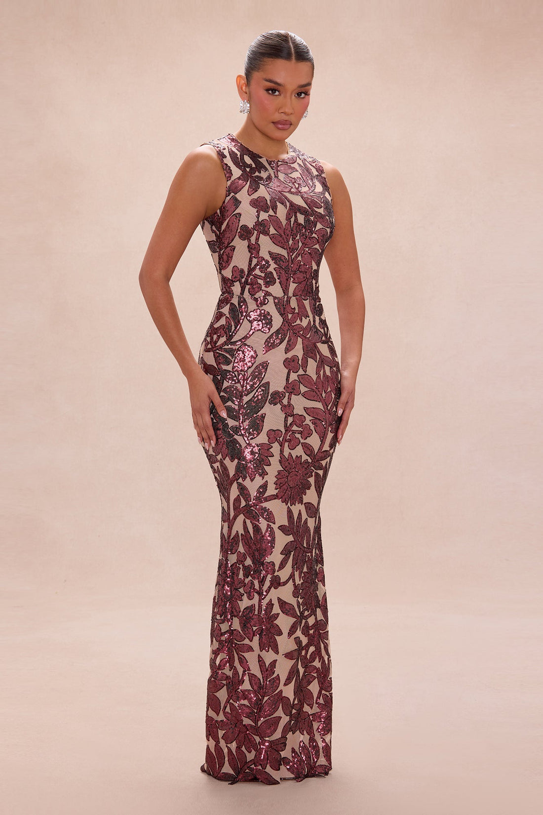 Cindy Floral Sequin Gown - Burgundy