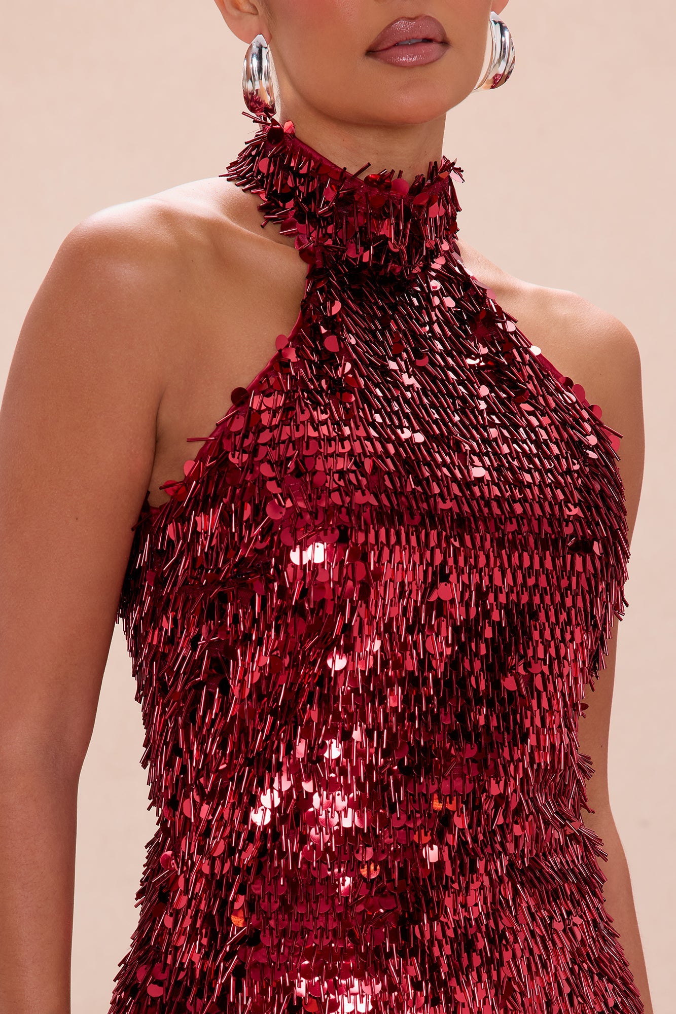 Mariella Mock Neck Sequin Midi Dress - Red
