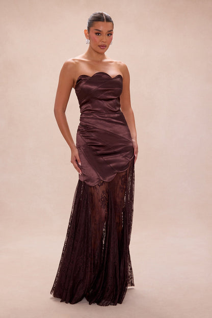Cassandra Drop Waist Satin Lace Gown - Chocolate