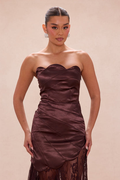 Cassandra Drop Waist Satin Lace Gown - Chocolate