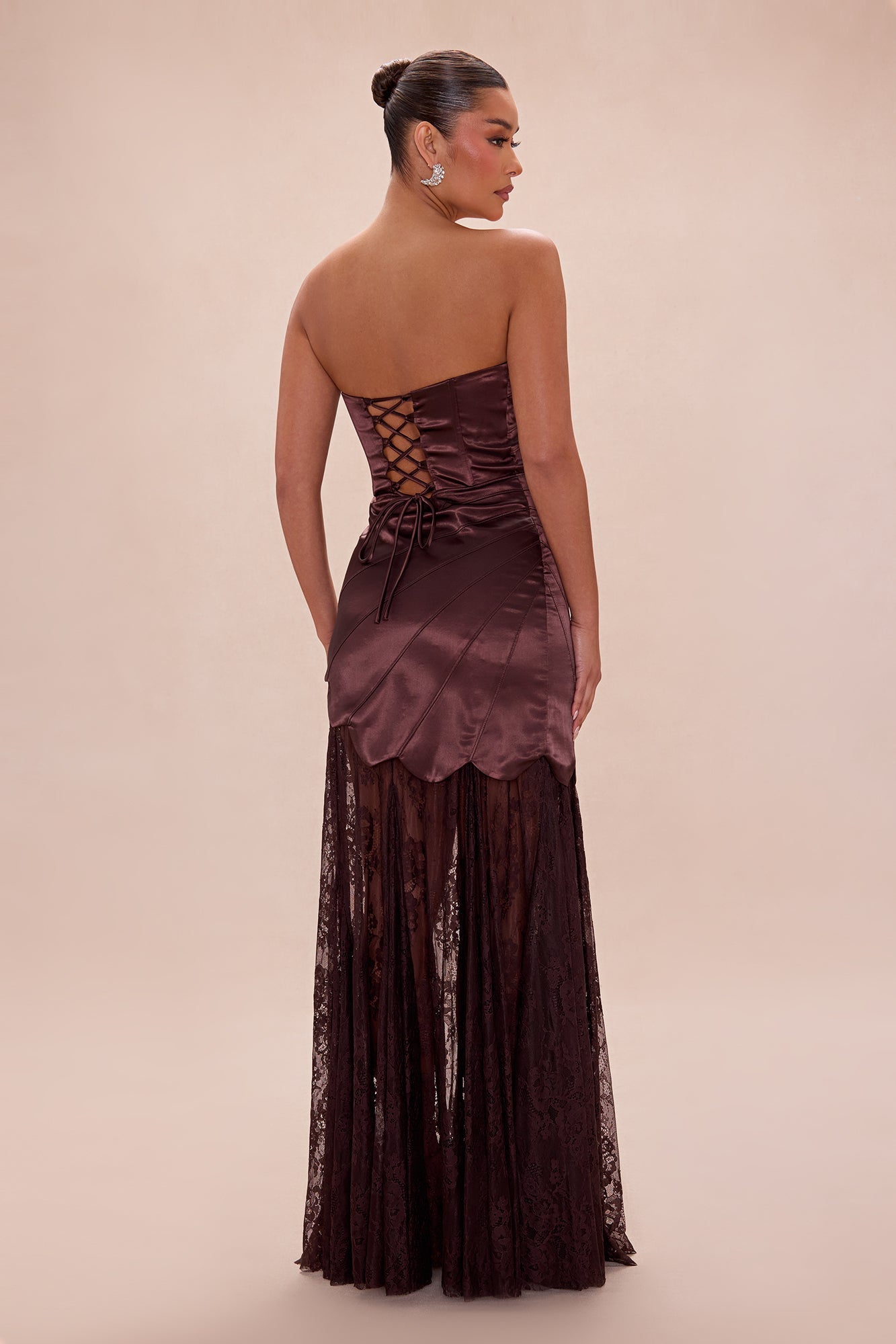 Cassandra Drop Waist Satin Lace Gown - Chocolate