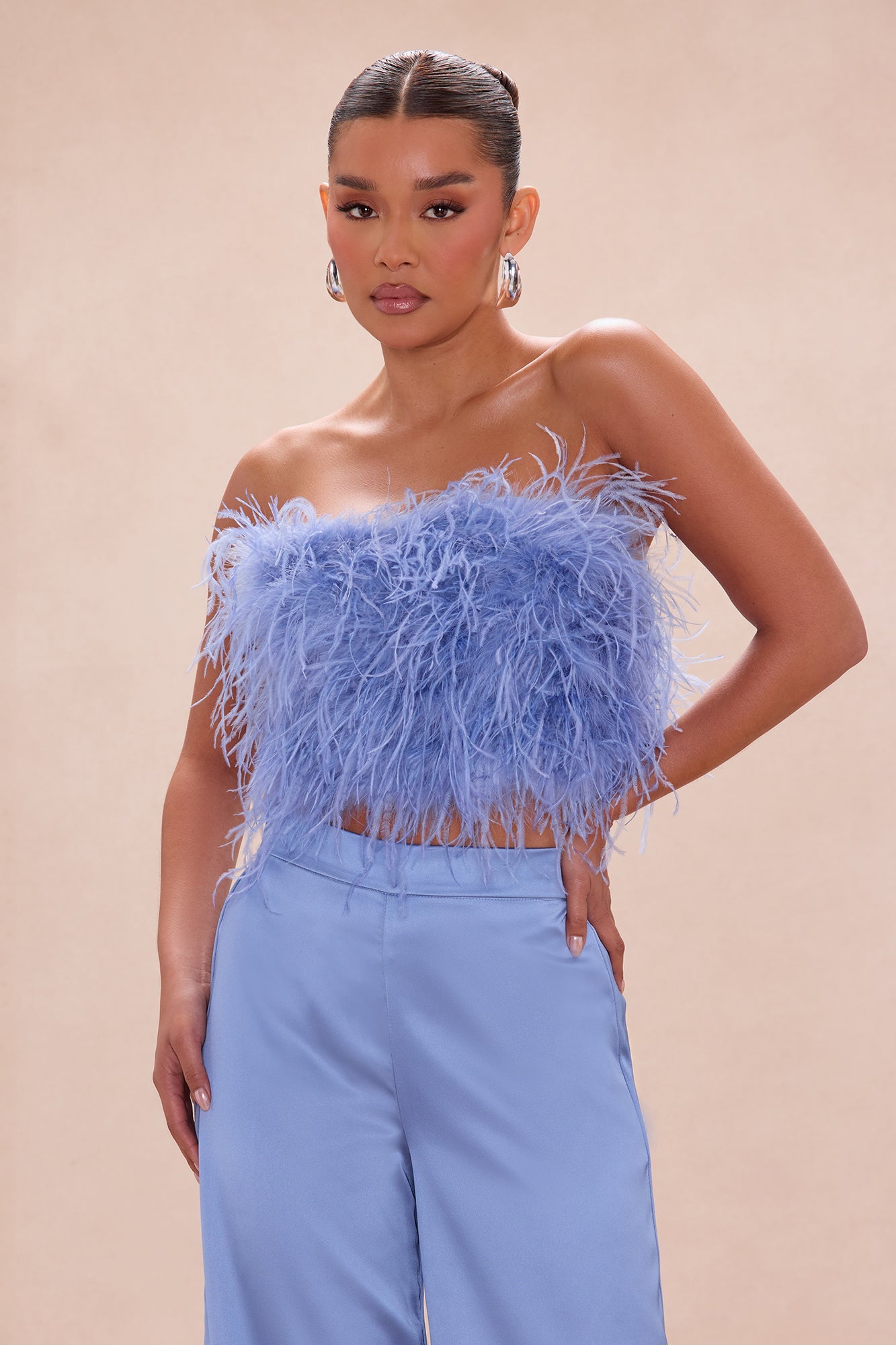 Champagne Glow Feathered Pant Set - Dusty Blue