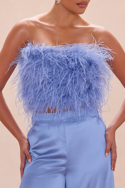 Champagne Glow Feathered Pant Set - Dusty Blue