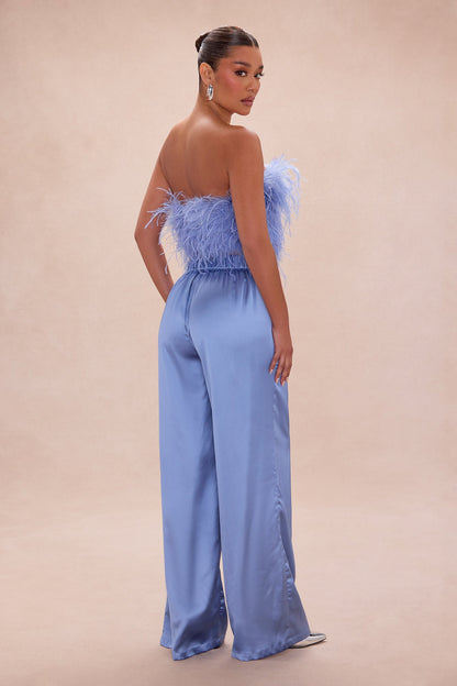 Champagne Glow Feathered Pant Set - Dusty Blue
